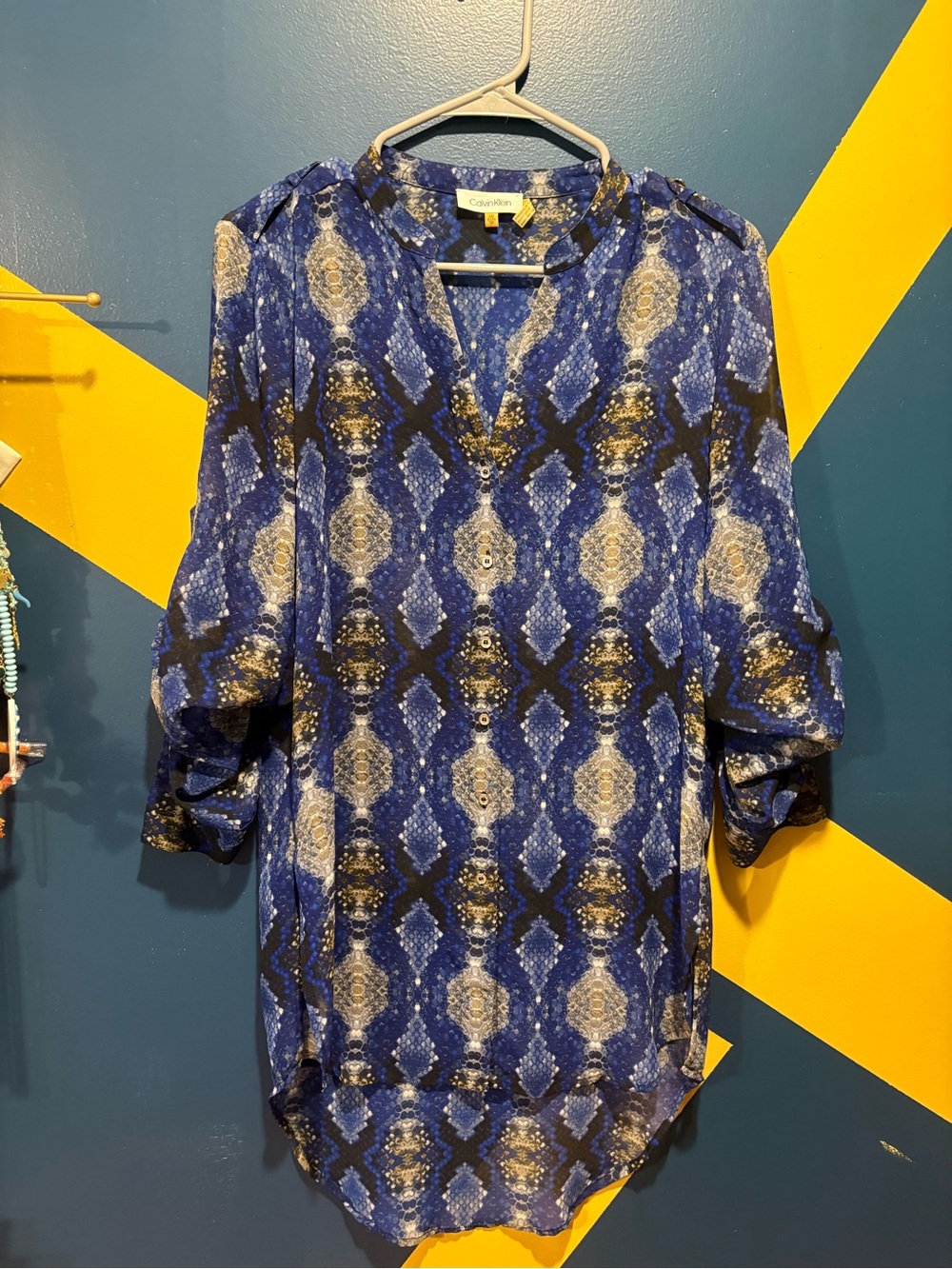 Calvin Klein Blue & Tan Snake Print Sheer Long Sleeve Tunic Blouse NWOT